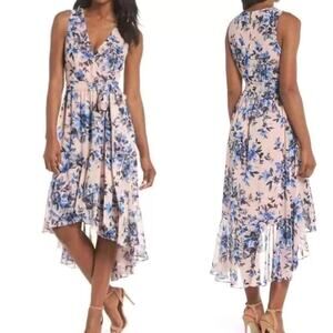 Eliza J Womens 10 High Low Floral Faux Wrap Sleeveless Midi Dress Pink Blue